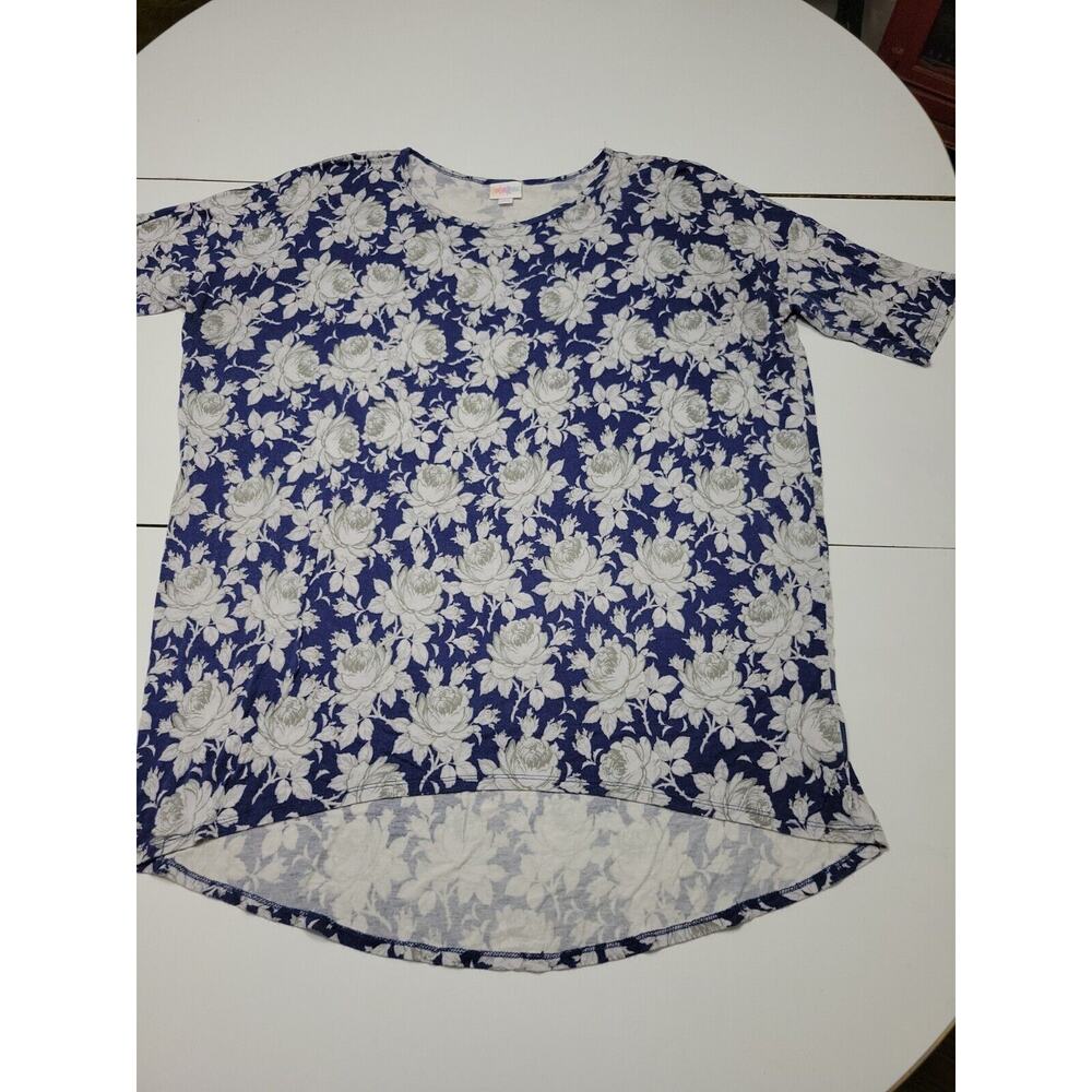 LuLaRoe Shirt Womens L Imra Tunic Top Blue Hi Low Rose Graphic Oversized Stretch